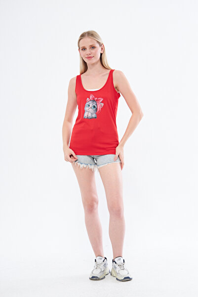 YÜKSEL IŞIK Red Cat Printed Thick Strap Sports Tank Top