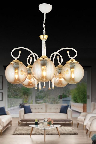 SONSUZ AYDINLATMA&AVİZE White Azra 5-Piece Honey Globe Glass Downward Facing Luxury Chandelier