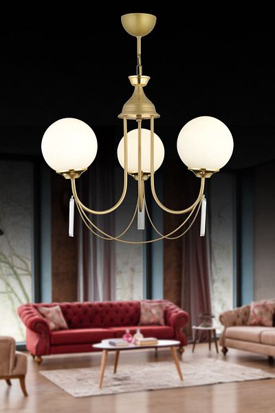 SONSUZ AYDINLATMA&AVİZE Antique Poppy 3-Piece White Ball Glass Luxury Up-Facing Crystal Stone Chandelier