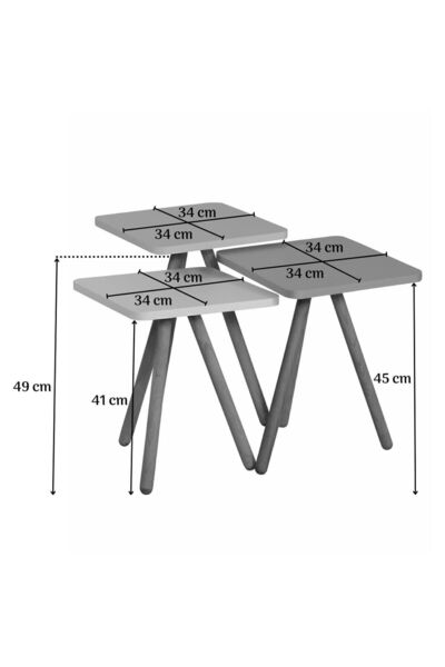 interGO Renkli Üçlü Zigon Sehpa Ahşap Ayaklı Kare Pastel Tasarım Gri Beyaz Cappuccino