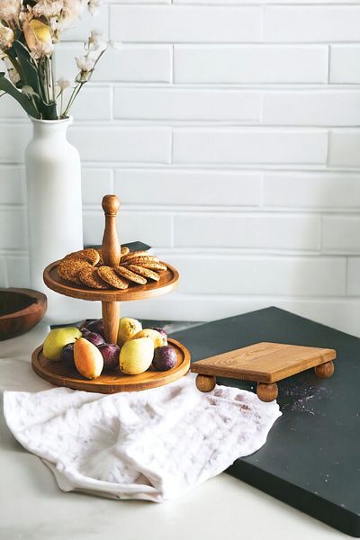 justwood حامل كيك خشبي مستطيل مقاس 17 × 25 سم - 2 قطعة من طبقتين وطبق تقديم تقديم الكيك المسطح من Risus