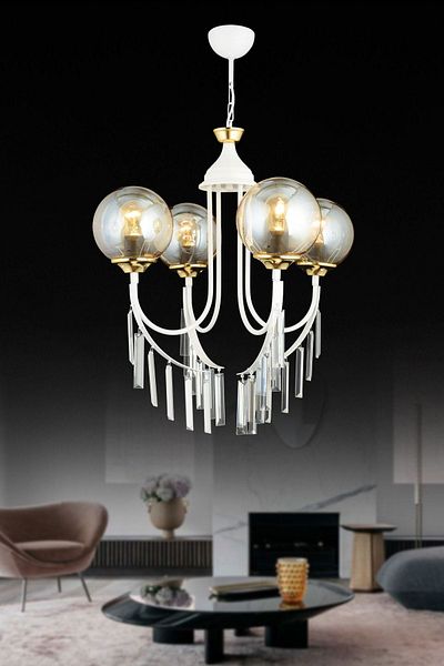 SONSUZ AYDINLATMA&AVİZE White Waterfall 4-Piece Honey Ball Glass Luxury Up-Facing Crystal Stone Chandelier