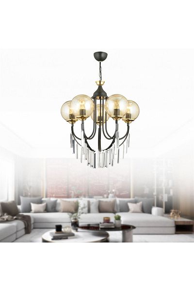 SONSUZ AYDINLATMA&AVİZE Black Waterfall 5-Piece Honey Ball Glass Luxury Upward-Facing Crystal Stone Chandelier