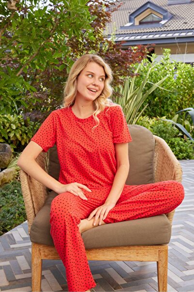 PİJAMOOD Red Heart Patterned Cotton Women's Pajama Set - Short Sleeve