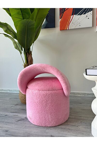 WEBPANYA X Large Fuşya Tedy Kumaş Sandıklı Silindir Dekoratif Katlanabilir Berjer Puf Orta Sehpa