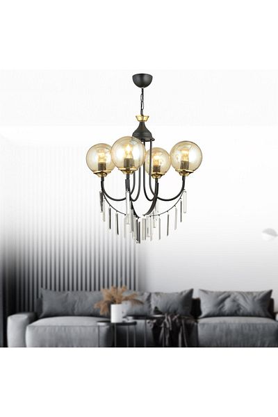 SONSUZ AYDINLATMA&AVİZE Black Waterfall 4-Piece Honey Ball Glass Luxury Upward-Facing Crystal Stone Chandelier