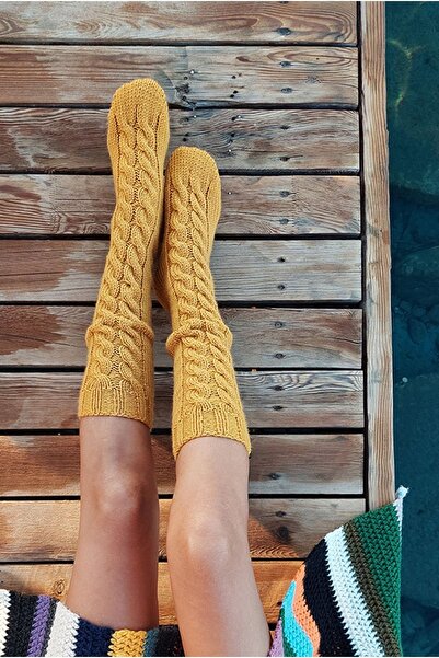 NevRa Örgüleri El Örgüsü Uzun Örgü Kalın Yün Çorap Sarı