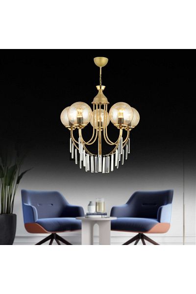 SONSUZ AYDINLATMA&AVİZE Antique Waterfall 5-Piece Honey Ball Glass Luxury Upward Facing Crystal Stone Chandelier
