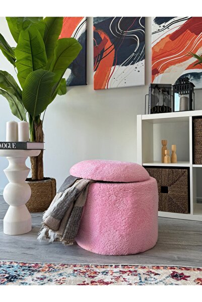WEBPANYA X Large Fuşya Tedy Kumaş Sandıklı Silindir Dekoratif Katlanabilir Berjer Puf Orta Sehpa