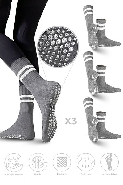 SAYSEZ Bamboo Women's Gray Non-Slip Sole Silicone Print Pilates Yoga Fitness Dance Activity Tennis Socks 3-Pack