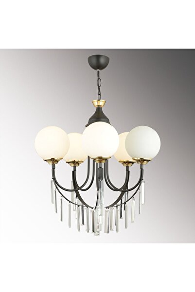 Genel Markalar Siyah Şelale 5'li Beyaz Top Camlı Lüks Yukarı Bakan Kristal Taşlı Avize