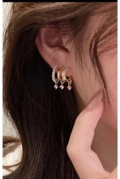 AychaAksesuar Çelik Tek Delik Çoklu Görünüm Incili Sarkıt Taşlı Altın Renk Küpe