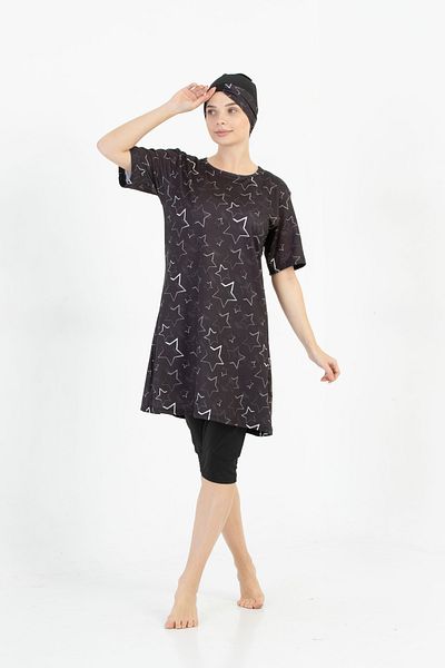 by İGP Star Patterned Black Drying - Fast Half Sleeve Capri Hijab Swimsuit