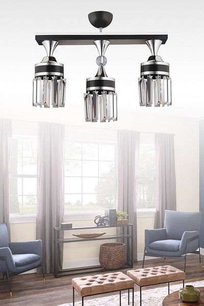 SONSUZ AYDINLATMA&AVİZE Tokyo 3-Piece Black Row Plafonier Crystal Stone Chrome Striped Cylinder Downward Facing Luxury Chandelier