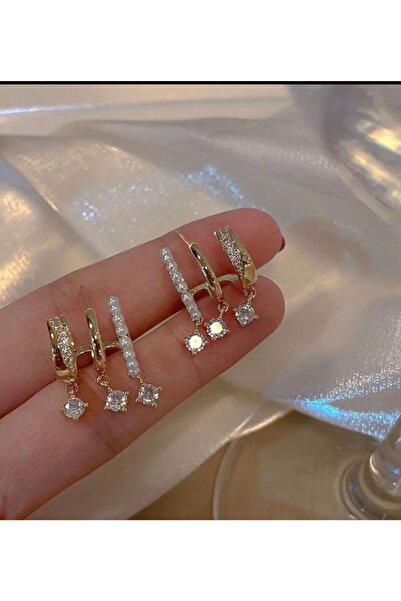 AychaAksesuar Çelik Tek Delik Çoklu Görünüm Incili Sarkıt Taşlı Altın Renk Küpe