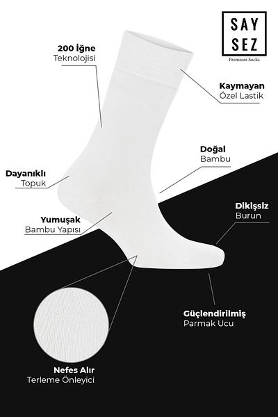 SAYSEZ Ανδρική καλοκαιρινή πρίζα μπαμπού - Premium δώρο 6 συσκευασιών, μακριές μασίφ ασπρόμαυρες κάλτσες, χωρίς ραφή