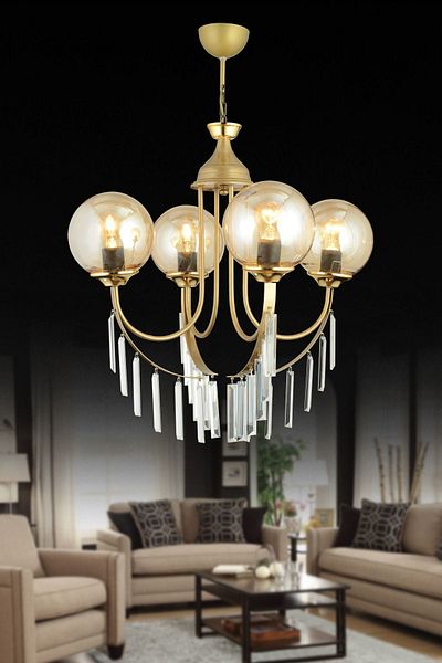 SONSUZ AYDINLATMA&AVİZE Antique Waterfall 4-Piece Honey Ball Glass Luxury Upward Facing Crystal Stone Chandelier