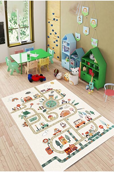 Bebişim Halı Araba Yolu Şehir Hayvanlar Temalı Çocuk Halısı