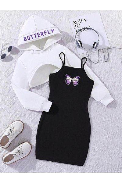 Machetta Butterfly Printed Dress and Crop Sweatshirt 2-Piece Combination for Kids