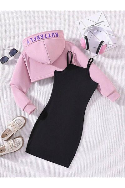 Machetta Butterfly Printed Dress and Crop Sweatshirt 2-Piece Combination for Kids