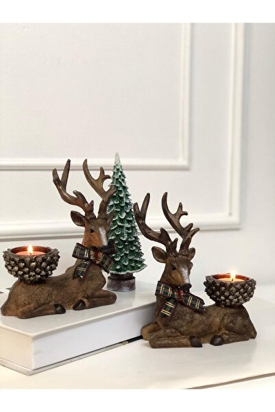 Dekoromi Dekoratif Geyik Mumluk Seti Ve Çam Ağacı (3 Parça)