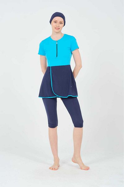 İKSUN Women's Bonnet Suit - Short Sleeve, Half Covered Hijab Swimsuit, Short Arm Swimsuit with Leggings