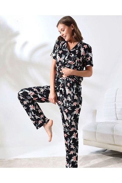 Prestij İç Giyim BlacK Floral Print Cotton Pajamas Set - Shirt Collar, Short Sleeve