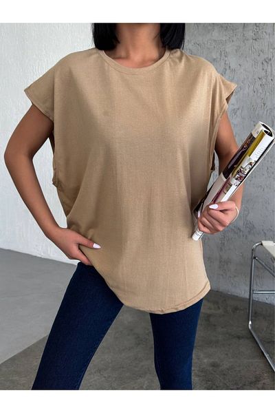 Buteks Μπεζ Unisex Basket Player Zero Sleeve Crew Neck Oversize Loose Basic αμάνικο μπλουζάκι