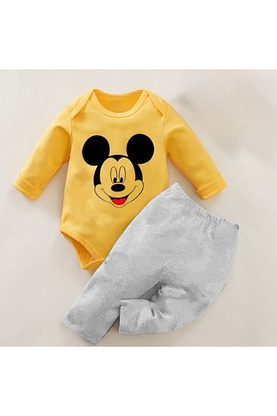 bebekpare Mickey Patterned Yellow-Grey 2-Piece Baby Bodysuit Set - 100% Cotton