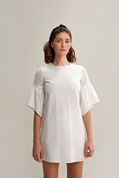 By Mare Style Trompet Kol Pamuk Mini Beyaz Brode Elbise Brıdget Dress