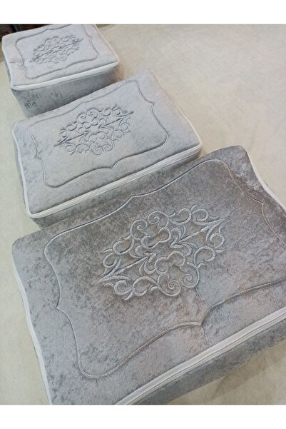 Yarençeyiz Çeyizlik Kadife Gold Işlemeli 3`lü Gri Bohça Nişan Gelin Damat Hur...