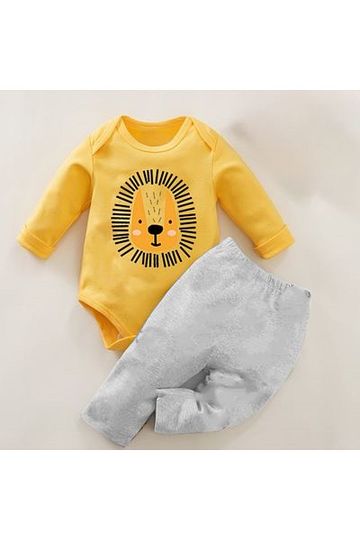 bebekpare Yellow-Grey Lion Patterned 2-Piece Baby Bodysuit Set - 100% Cotton