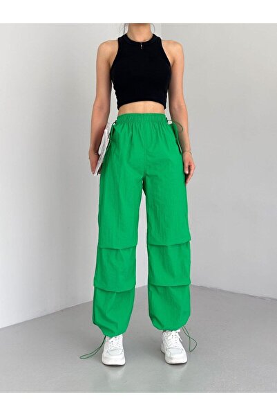 KAŞİHA Green Parachute Fabric - Cargo Pants with Elastic Waist and Legs