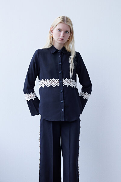 By Mare Style Carel-Guipure Lace Detailed Pure Cotton Black Shirt