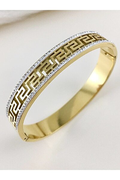 HATKEN Aksesuar Kadın Çelik Kelepçe Bileklik Taşlı