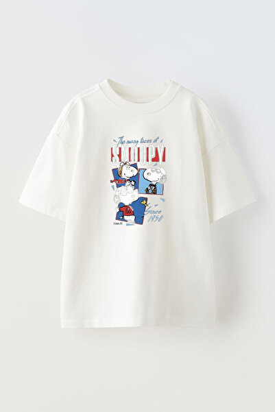 NMG TEKSTİL Unisex Beyaz Oversize Pamuk Snoopy Dog Baskılı Örme T-shirt