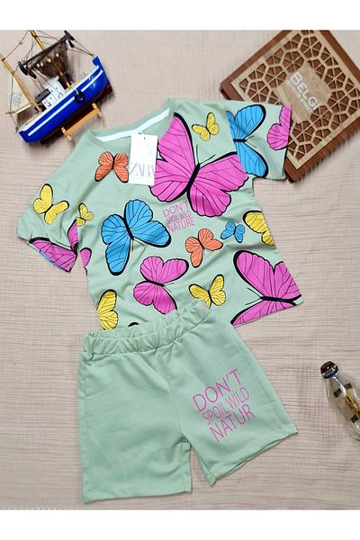 krm kerem bebe New Season Butterfly Patterned Girl's Summer Set