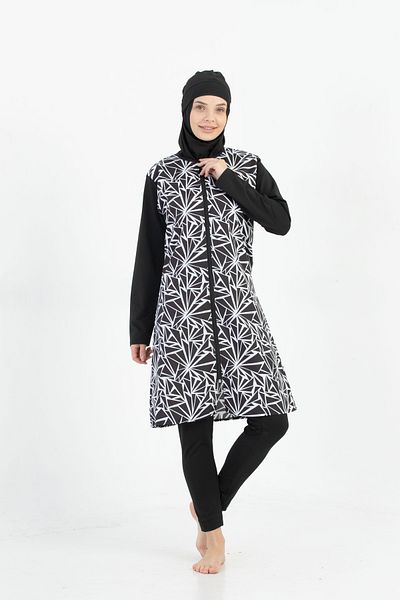 by İGP Large Size Black Patterned Quick Dry Zippered Hijab Swimsuit Hijab Swimsuit