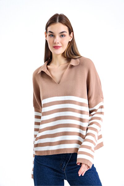 Jose Clothing Дамски пуловер на райета с поло яка