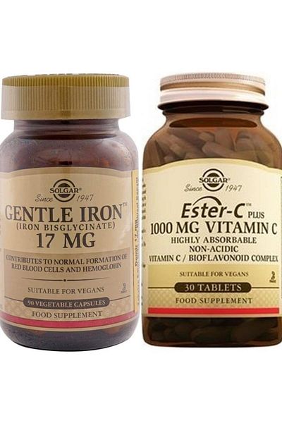 Solgar Gentle Iron 17 Mg 90 V-Capsule+ Ester C Plus 1000 Mg 30 Tablets