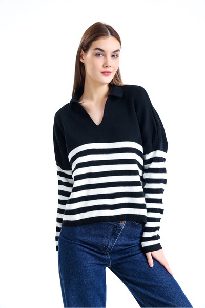 Jose Clothing Pulover de damă cu dungi cu gât polo