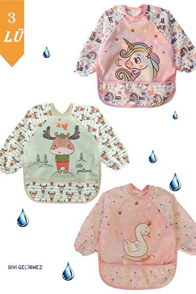 dubi baby 3 Adet Sıvı Geçirmez Unicor Geyik Kuğu Desen Bebek Mama Önlüğü 0-3 Yaş