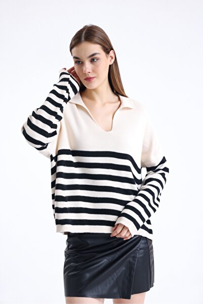 Jose Clothing Pulover de damă cu dungi cu gât polo