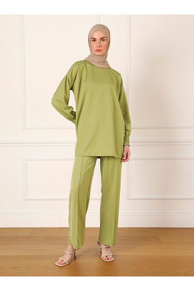 Refka Oil Green Gipe Detailed Tunic and Trousers Set
