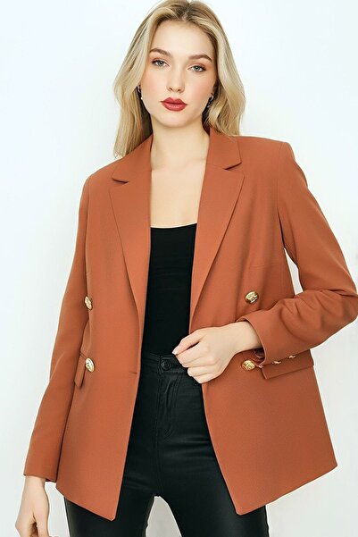 MissThetis Büyük Beden Fit Kalıp Astarlı Kol Ucları Ve Önü Gold Düğmeli Sahte...