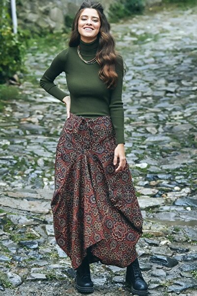 MissThetis Lastikli Normal Bel Bohem Tarzı Etnik Otantik Desenli Cep Detaylı Rahat Şık Ve Cool Uzun Şalvar Etek