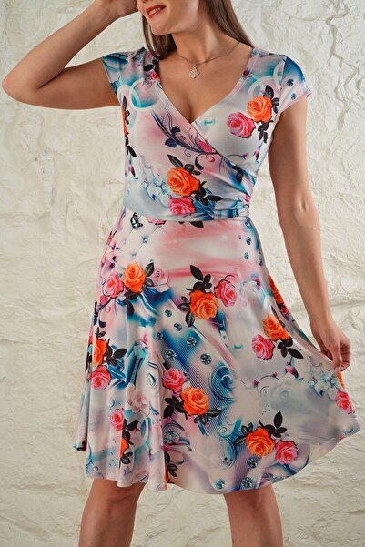 ESPİNA Γυναικείο φόρεμα με χιαστί γιακά μαντήλι με ψηφιακή στάμπα μίντι μήκους