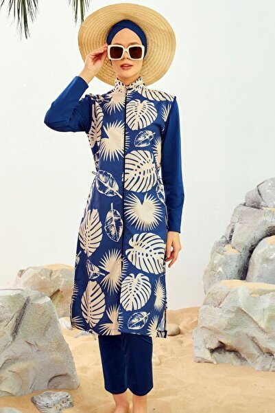 MissThetis Önü Fermuarlı Dik Yaka Beli Lastikli Tam Kapalı Pantolon Tunik Bon...