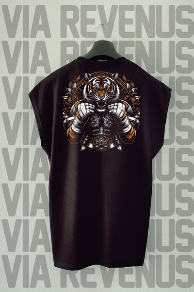 Vordevia Tricou sport negru cu mânecă zero cu imprimeu Tiger Muay Thai