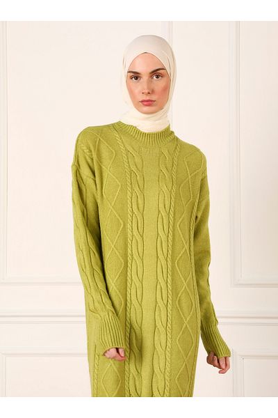 Refka Knitted Patterned Soft Yarn Knitwear Hijab Dress - Oil Green - Refka